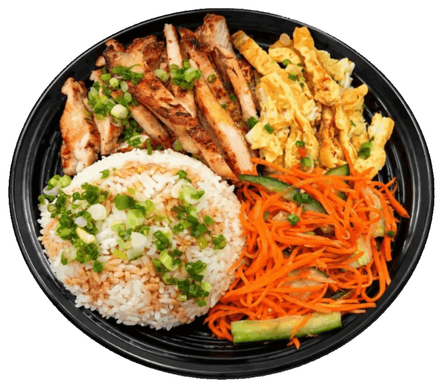 Bay Srob — poulet grillé, riz, œuf et crudités
